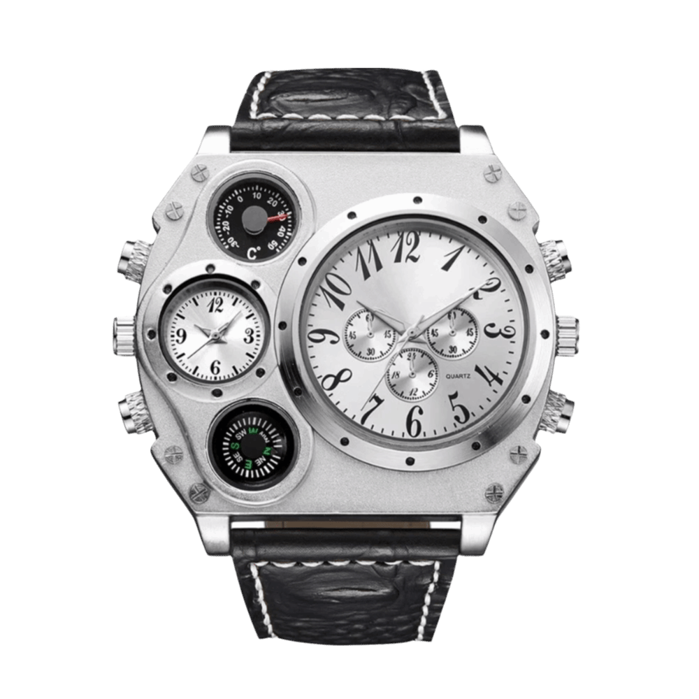 Luminous Dial Face - PU-Lederarmband Große Zifferblatt-Uhren Leuchtende Dual-Zeitzonen-Uhr Kompass-Dekoration